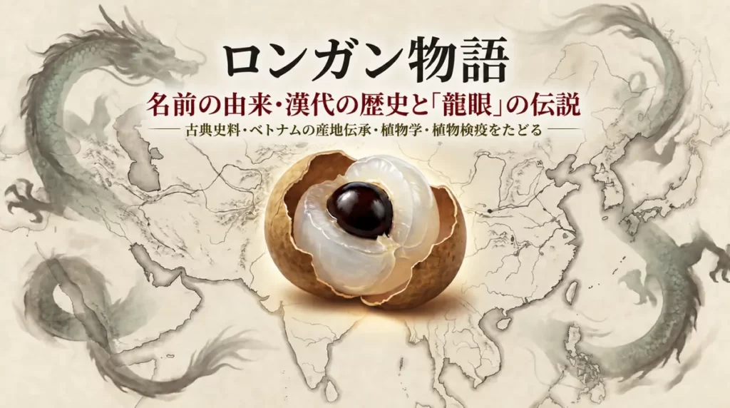 古地図と龍を背景に、ロンガンの名前の由来・漢代の歴史と龍眼伝説を案内するタイトル画像
