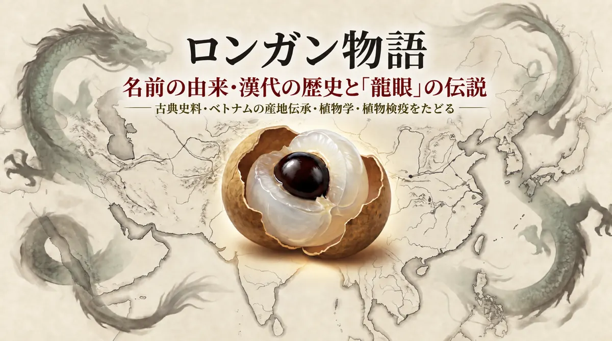 古地図と龍を背景に、ロンガンの名前の由来・漢代の歴史と龍眼伝説を案内するタイトル画像