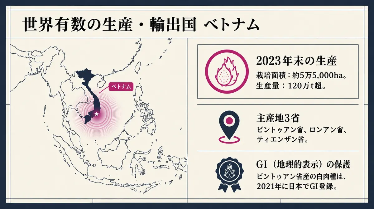 2023年末のベトナムのドラゴンフルーツ生産と主産地、GI登録を示す図