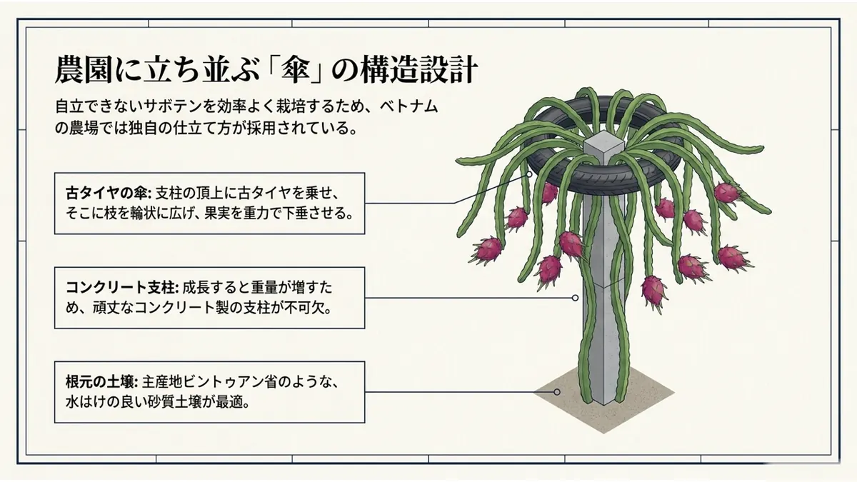 農園に立ち並ぶ「傘」の構造設計。自立できないサボテンを効率よく栽培するため、コンクリート支柱の頂上に古タイヤを乗せ、枝を輪状に広げる仕立て方が考案された