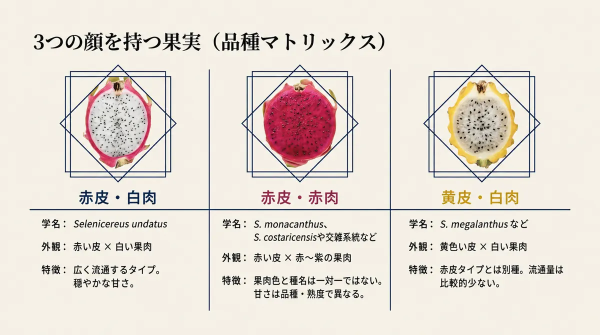 赤皮白肉、赤皮赤肉、黄皮白肉のドラゴンフルーツを現行分類で比較した図