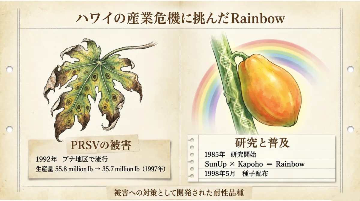 PRSV被害とRainbowパパイヤの研究・普及を示した図
