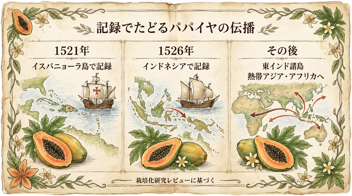 1521年、1526年、その後のパパイヤ伝播記録を3区分で示した図