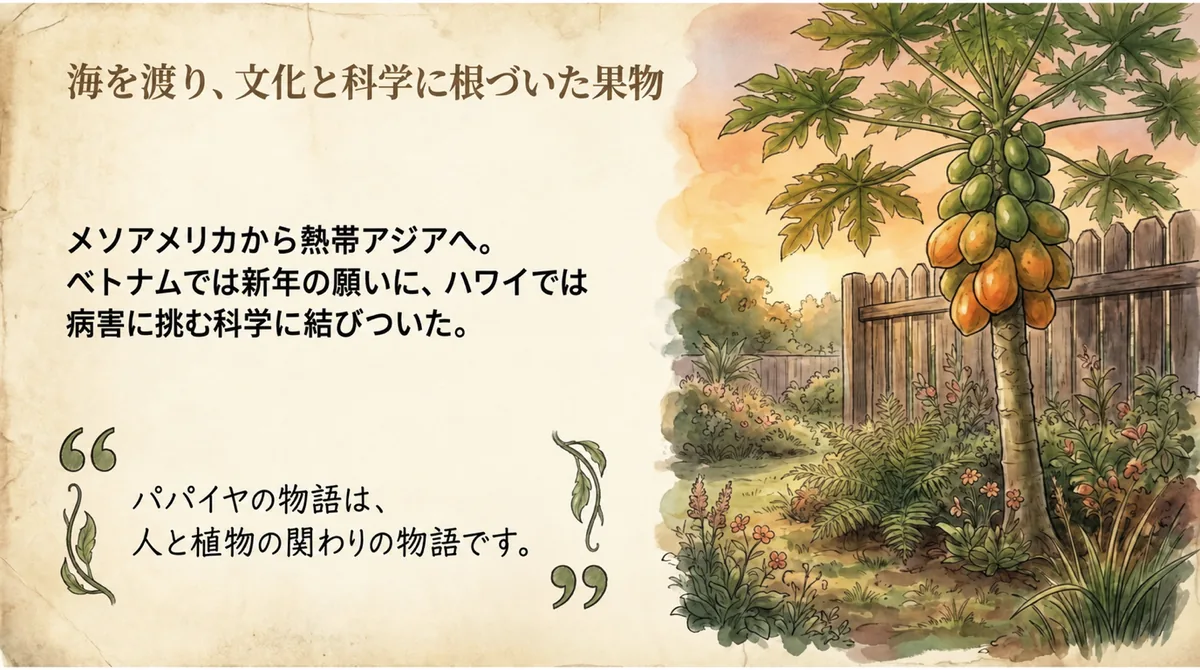 夕暮れの庭に実るパパイヤと物語の結び