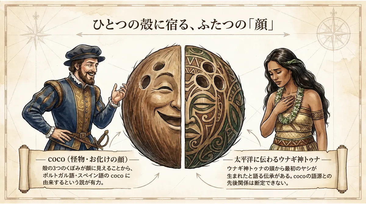 cocoの語源と太平洋のウナギ神トゥナの伝承を対比したイラスト
