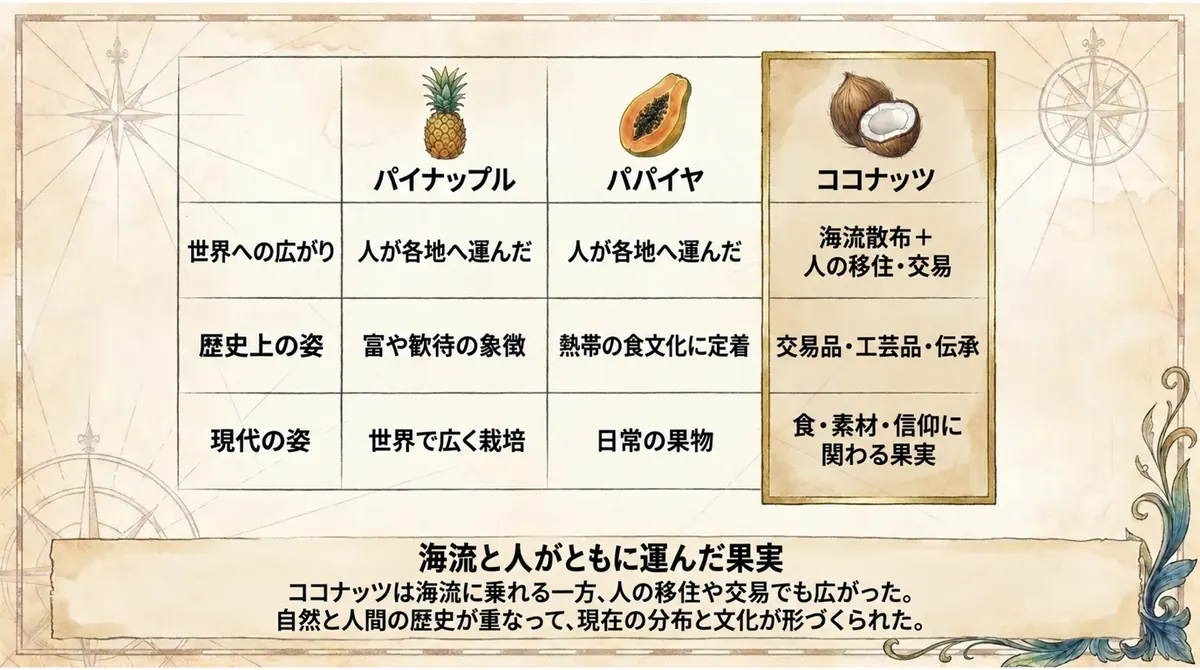 パイナップル・パパイヤ・ココナッツの広がり方、歴史上の姿、現代の姿を比較した表
