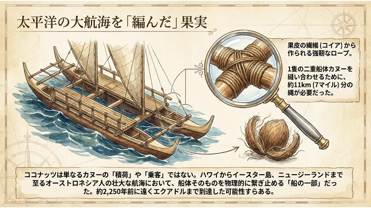 二重船体カヌーと、果皮の繊維(コイア)から作られる縄の拡大図