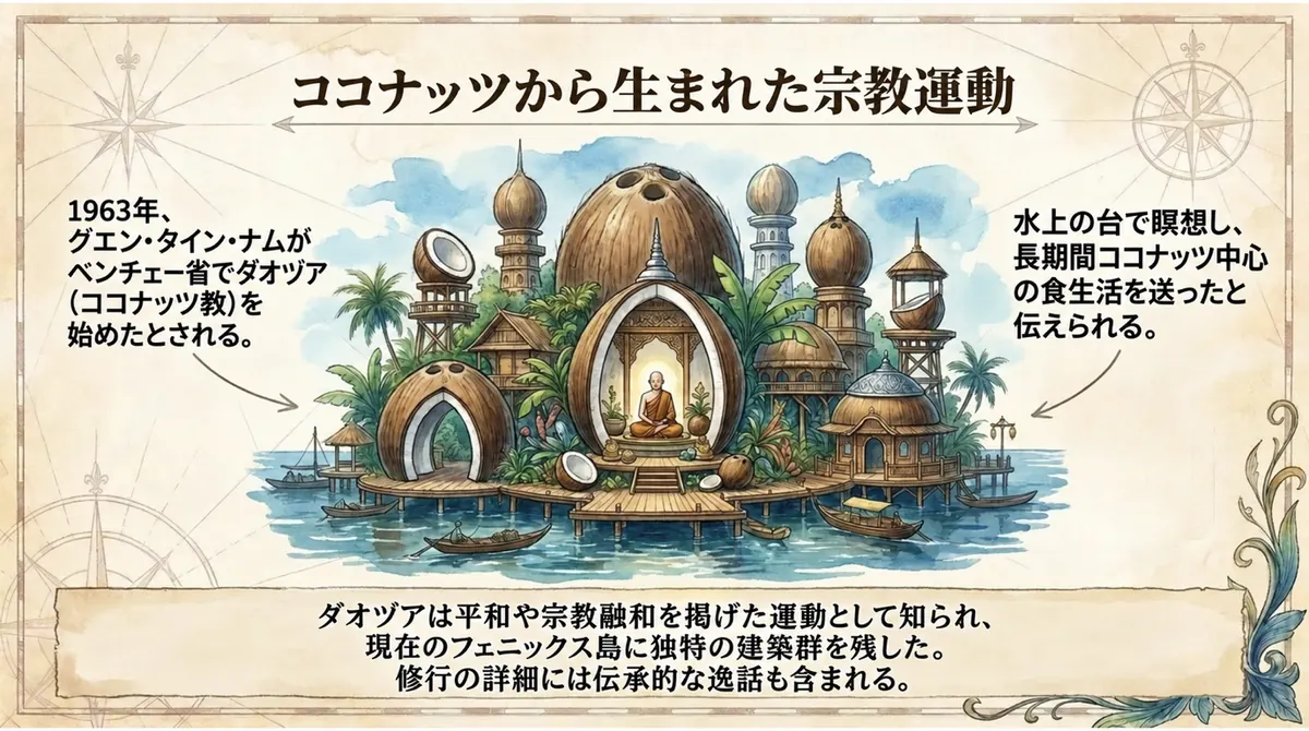 フェニックス島の独特な建築群とダオヅアを表すイラスト