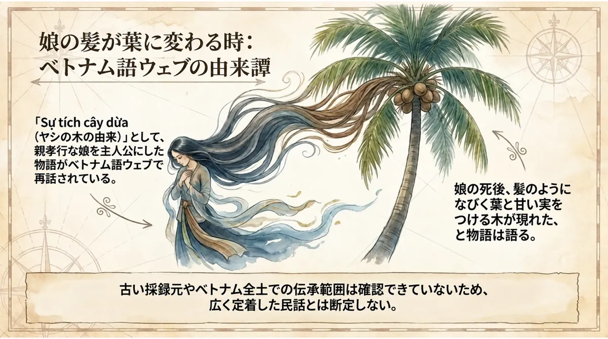 ベトナム語ウェブで再話される由来譚の娘とヤシの木のイラスト