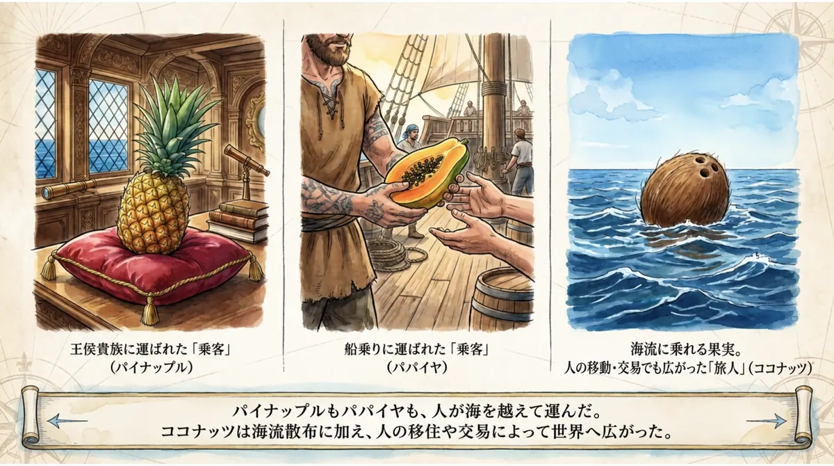 人が運んだパイナップルとパパイヤ、海流と人の移動で広がったココナッツの対比