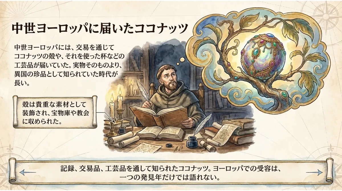 中世ヨーロッパに届いたココナッツの殻や工芸品を表すイメージ