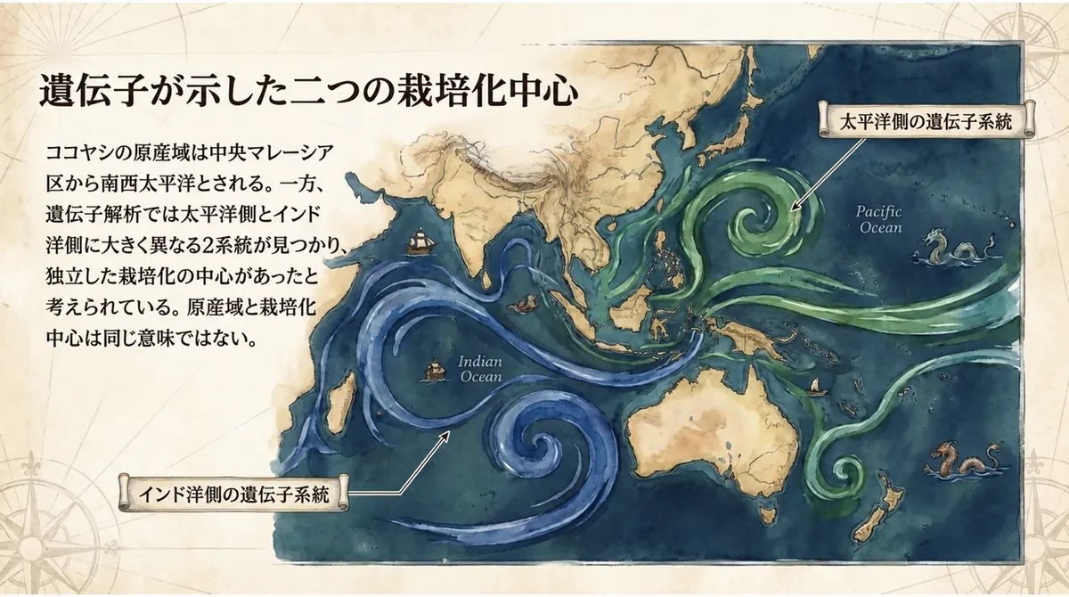 太平洋側とインド洋側の2つの遺伝子系統と栽培化中心を示す地図