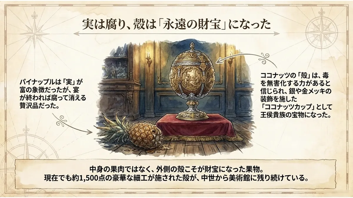 銀・金メッキで装飾されたココナッツカップと、傍らに置かれ朽ちていくパイナップルの対比