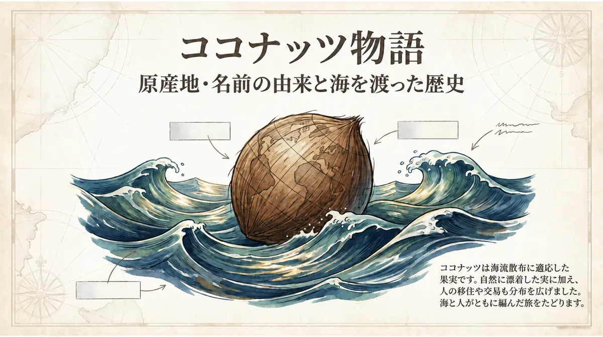 ココナッツ物語のタイトル画像。原産地・名前の由来と海を渡った歴史を表す