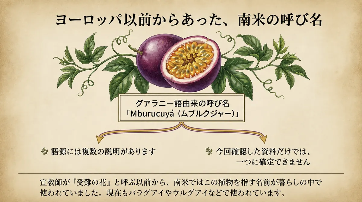 ヨーロッパ人が受難の花と呼ぶ以前から南米で使われていた、グアラニー語由来の呼び名Mburucuyáを紹介し、語源は一つに確定できないと示す図
