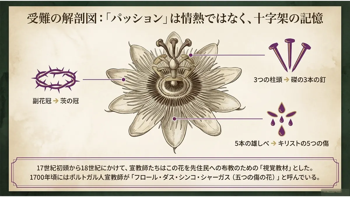 パッションフルーツの花の各部位とキリストの受難の対応関係を示す解剖図。副花冠は茨の冠、5本の雄しべはキリストの5つの傷、3つの柱頭は磔にされた3本の釘に見立てられている