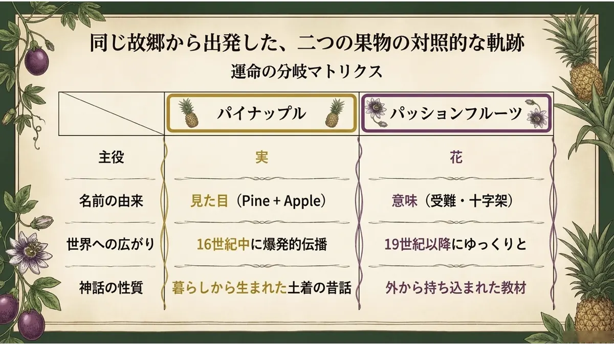 パイナップルとパッションフルーツの運命を比較した表。主役(実/花)、名前の由来(見た目/意味)、世界への広がり(16世紀に爆発的/19世紀以降ゆっくり)、神話の性質(土着の昔話/外から持ち込まれた教材)の4項目を対比している