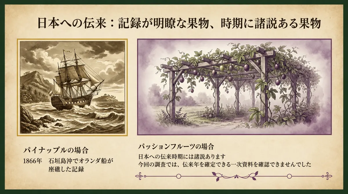 1866年のオランダ船座礁記録があるパイナップルと、日本への伝来時期には諸説あり一次資料で伝来年を確定できないパッションフルーツを対比した図