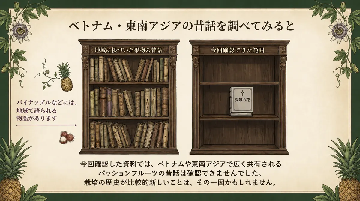 地域で語られる果物の昔話が並ぶ本棚と、今回確認した資料ではベトナムや東南アジアで広く共有されるパッションフルーツの昔話を確認できなかったことを示す本棚