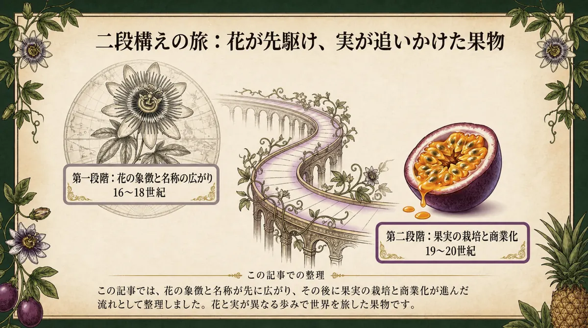 この記事での整理として、花の象徴と名称が16〜18世紀に先に広がり、果実の栽培と商業化が19〜20世紀に進んだ二段階の旅を示す図