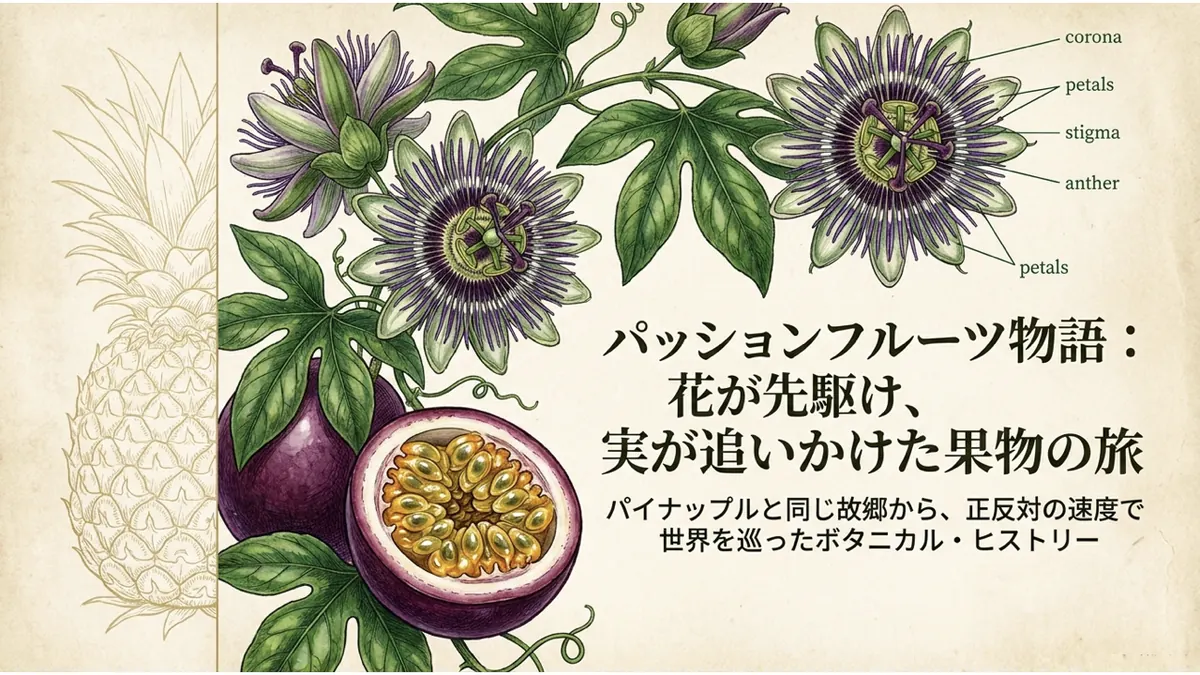 パッションフルーツ物語:花が先駆け、実が追いかけた果物の旅というタイトルスライド。受難の花の植物画と、パイナップルの線画