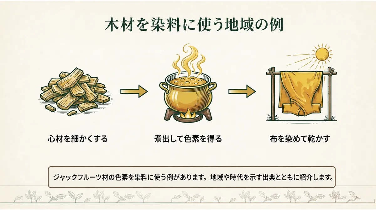 ジャックフルーツ材の色素を染料に使う例を示す図