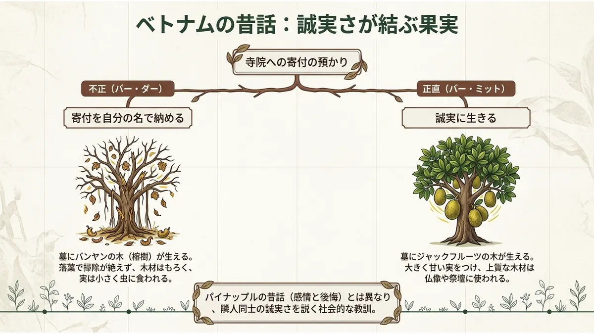 ベトナムの昔話:誠実さが結ぶ果実。寺院への寄付の預かりを軸に、不正(バー・ダー、寄付を自分の名で納める)と正直(バー・ミット、誠実に生きる)の分岐を示した図。不正の墓にはバンヤンの木(落葉で掃除が絶えず、木材はもろく、実は小さく虫に食われる)、正直の墓にはジャックフルーツの木(大きく甘い実をつけ、上質な木材は仏像や祭壇に使われる)が生えたという結末。パイナップルの昔話(感情と後悔)とは異なり、隣人同士の誠実さを説く社会的な教訓、という注記付き