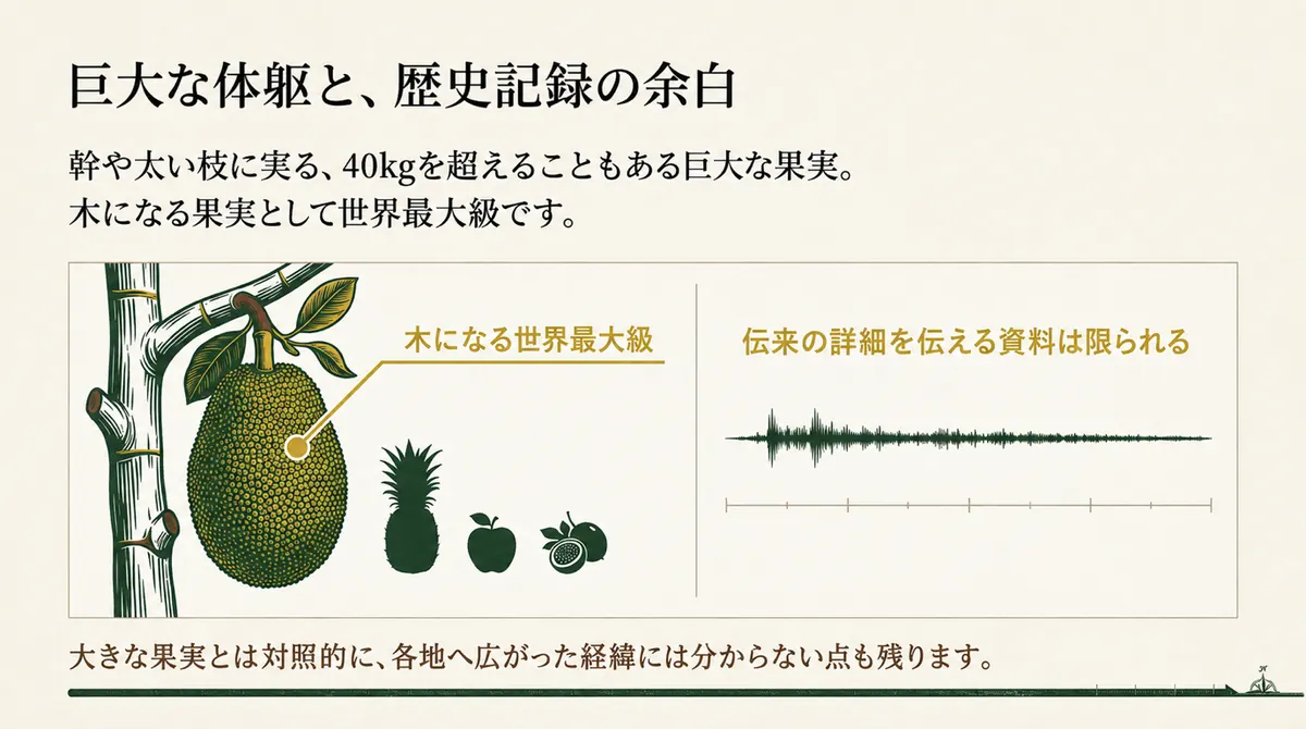 幹に大きな果実をつけるジャックフルーツと歴史資料の少なさを表す図