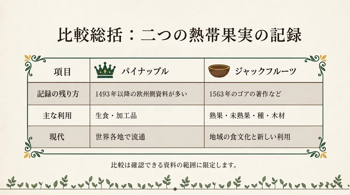 二つの熱帯果実の歴史資料と現代の利用を比較した図