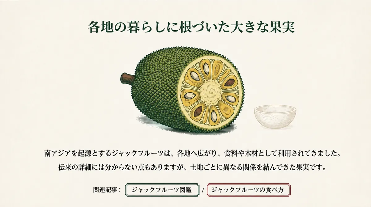 南アジアから各地の暮らしに根づいたジャックフルーツを表す結びの図