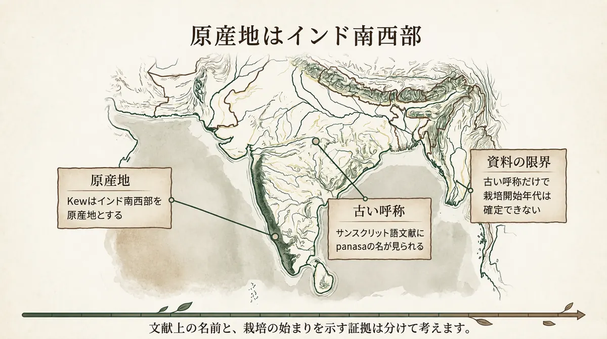 ジャックフルーツの原産地とされるインド南西部を示す地図