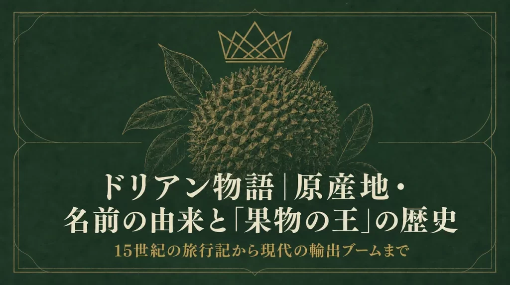 ドリアンと王冠に「ドリアン物語｜原産地・名前の由来と『果物の王』の歴史」の文字を配したタイトル画像