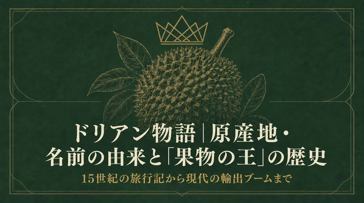 ドリアンと王冠に「ドリアン物語|原産地・名前の由来と『果物の王』の歴史」の文字を配したタイトル画像