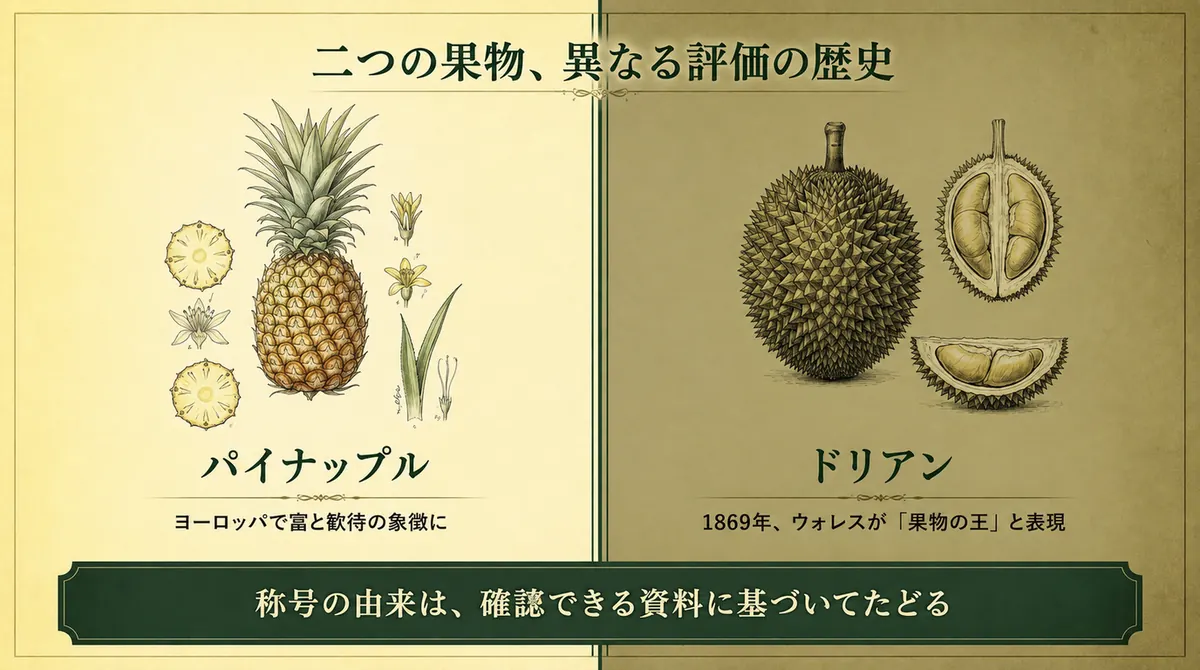 パイナップルとドリアンが歴史上どのように評価されたかを対比した図