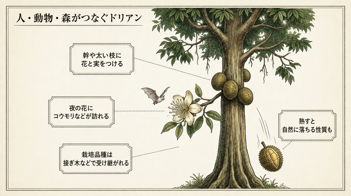 ドリアンの樹、花、コウモリ、落果を描き、人・動物・森の関係を示した図