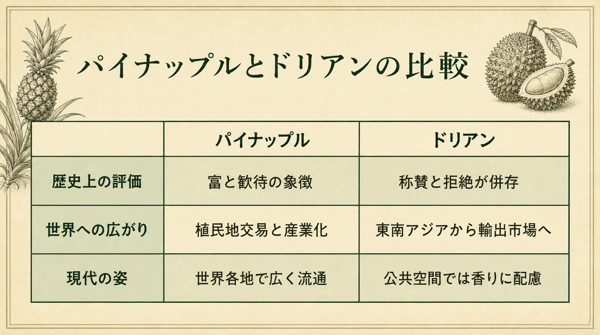 パイナップルとドリアンの歴史上の評価、広がり、現代の姿を比較した表