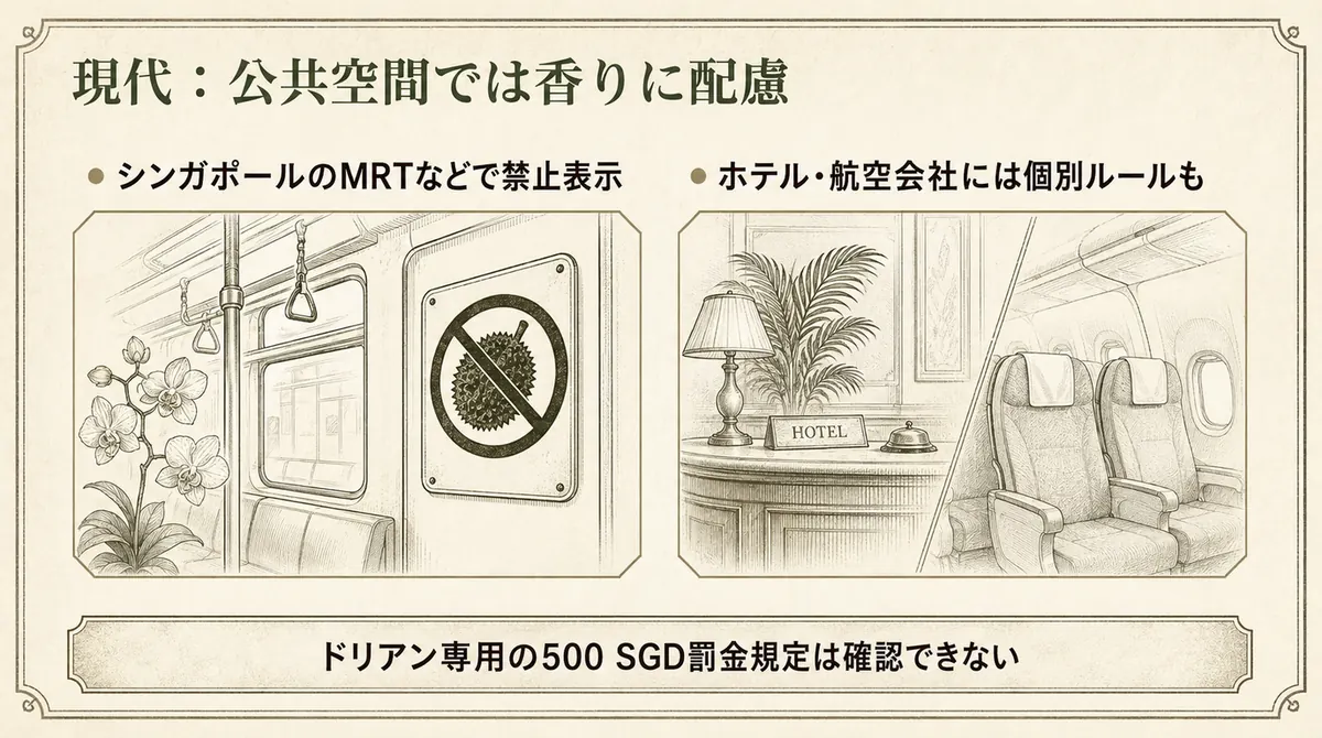 シンガポールのMRTの禁止表示とホテルや航空会社の個別ルールを示した図