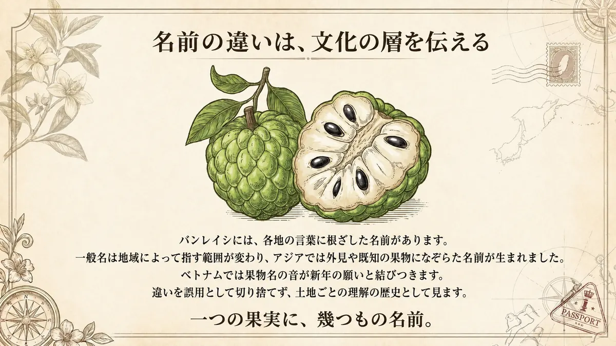 カスタードアップルが各地で得た名前と文化的な意味をまとめた図
