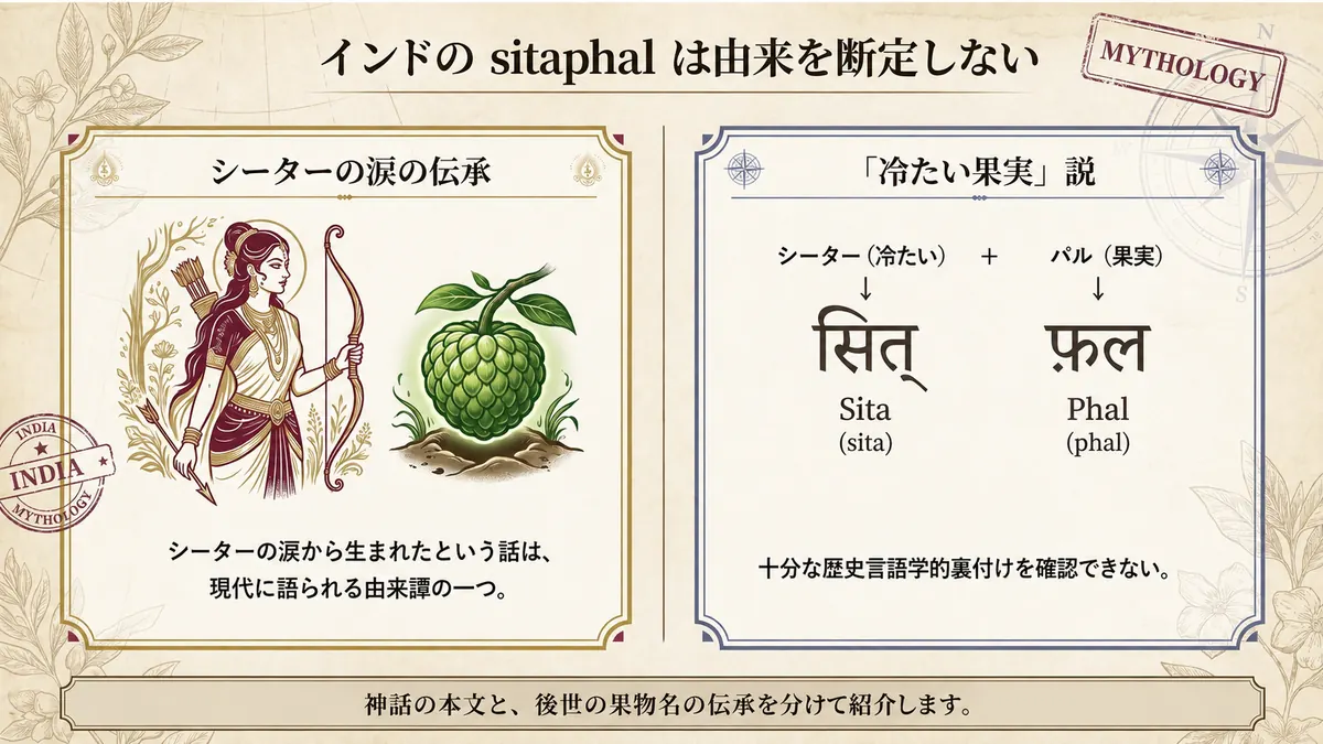 インドのsitaphalについて、シーターの伝承と冷たい果実という説を断定せず並べた図