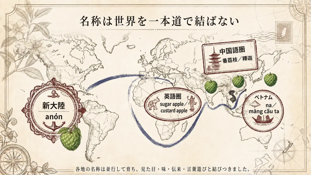 新大陸、英語圏、中国語圏、ベトナムで並行して育ったカスタードアップルの名称を示す世界地図