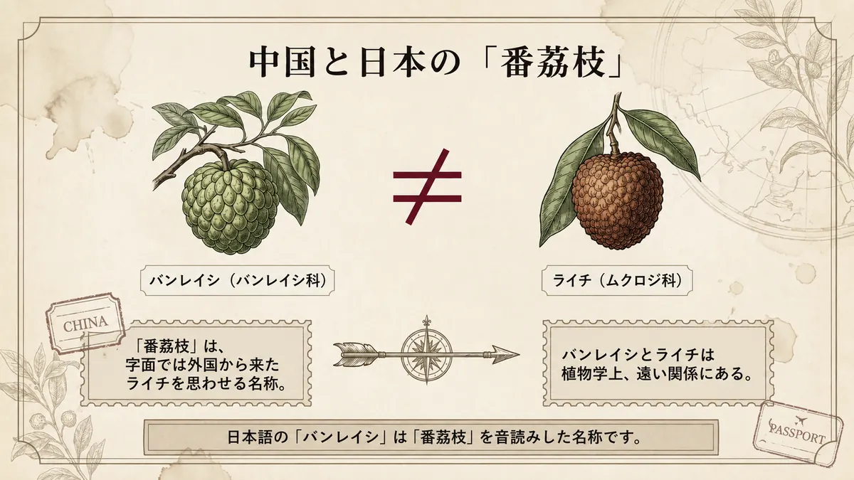 中国語の番荔枝と日本語のバンレイシの関係を、ライチとの植物学的な違いとともに示す図