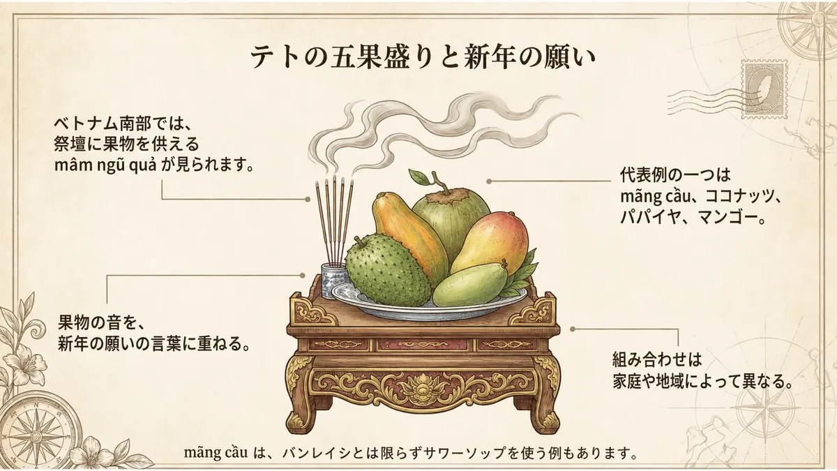 ベトナム南部の五果盛りと果物の語呂合わせを示した図