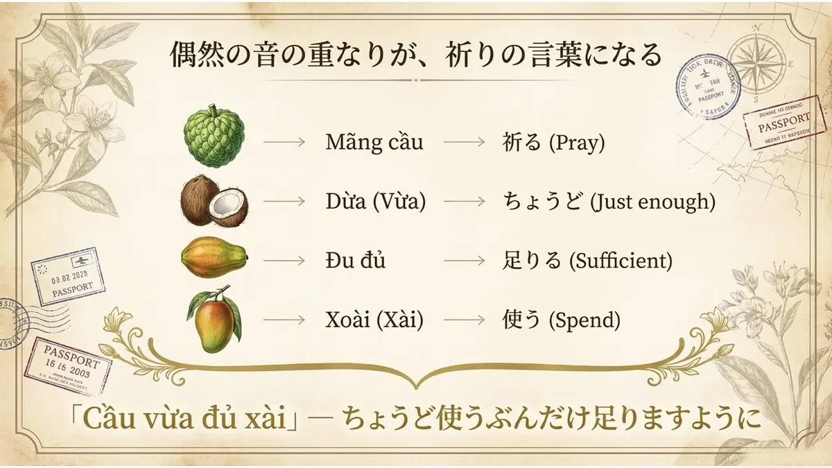 mãng cầu、dừa、đu đủ、xoàiの音をつないだ言葉遊び