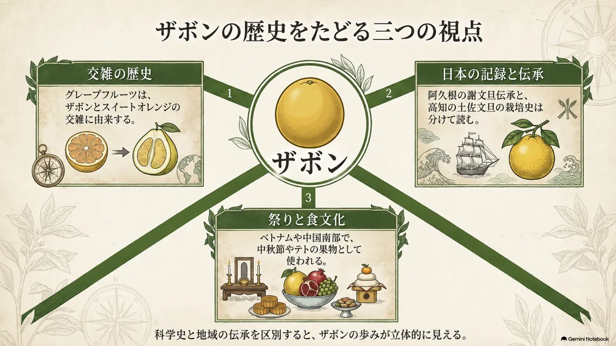ザボンの名前と伝来の歴史をまとめた図