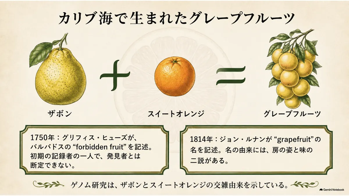 カリブ海でザボンとスイートオレンジからグレープフルーツが成立した関係