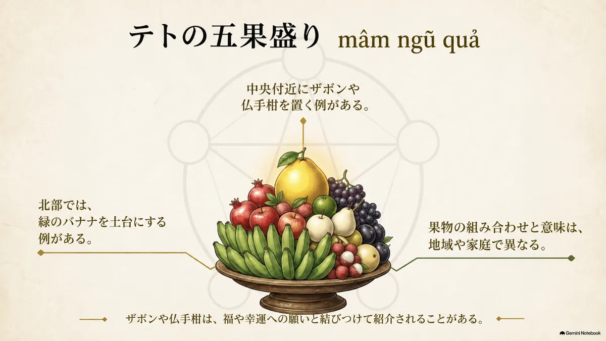 ベトナムのテトに供える五果盛りとザボン