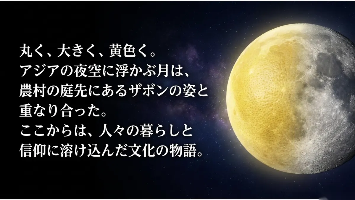 満月とザボンを重ね、祭りの文化への移行を表した画像