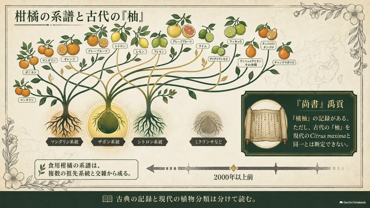 ザボンと近縁柑橘の複雑な系譜を示した図