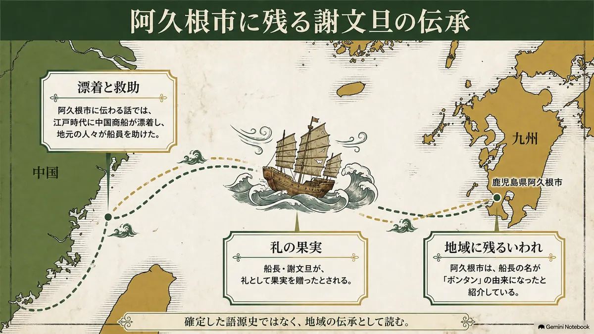 阿久根に伝わる謝文旦とボンタンの由来の伝承