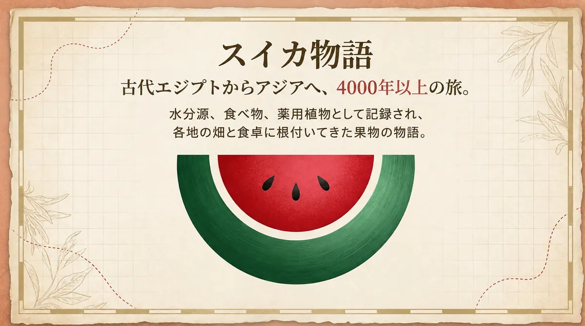 赤い果肉と黒い種を持つスイカの断面イラストと「スイカ物語 砂漠から食卓へ、長い旅をたどる」というタイトル